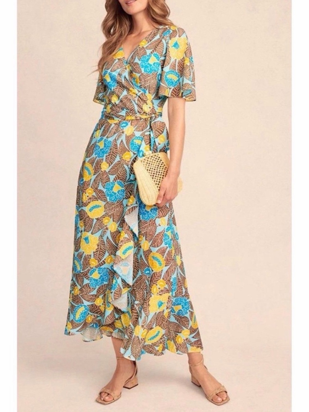 J. McLaughlin Wrap Dress in Blue and Mustard Floral - Picture 3 of 4